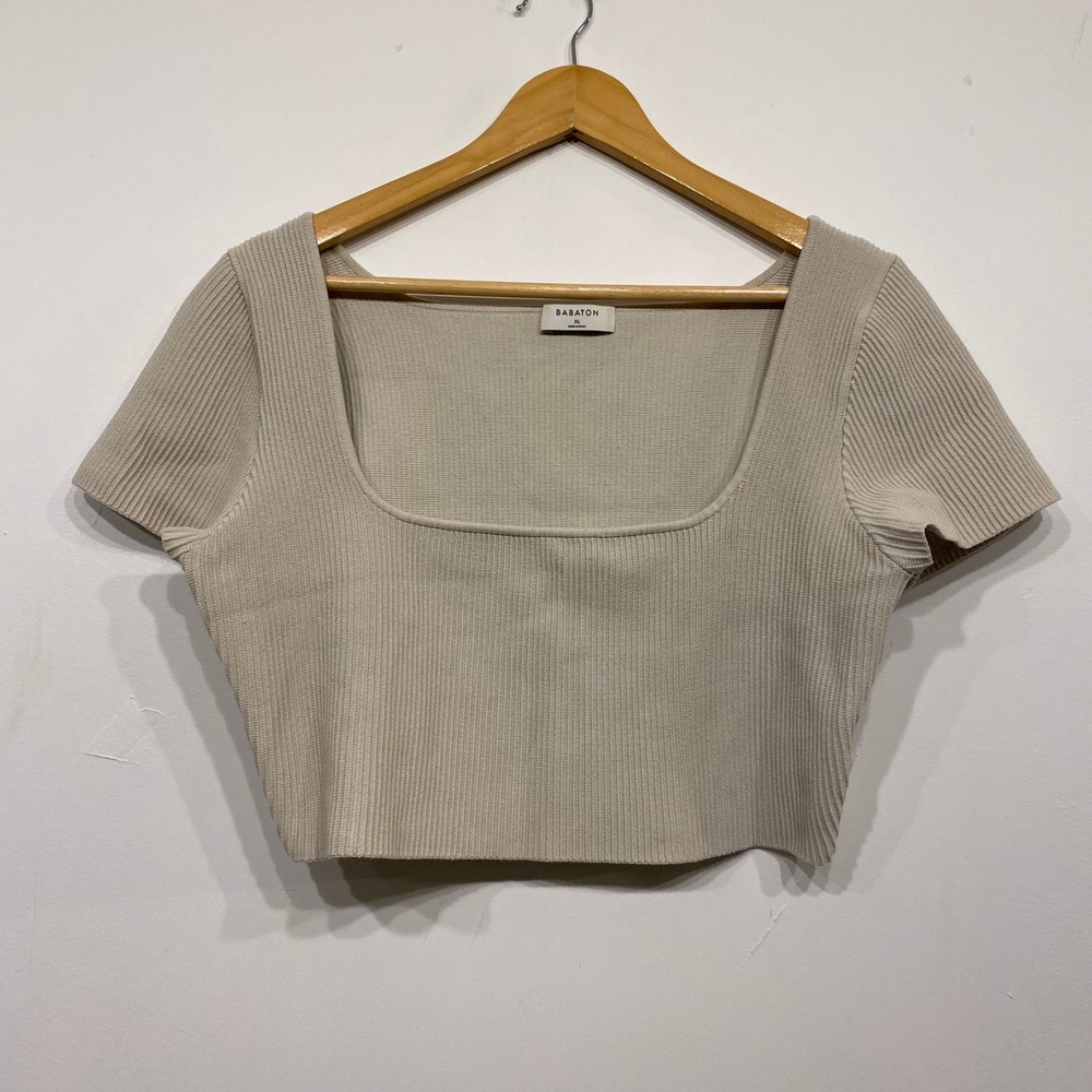 Aritzia Babaton Sculpt Knit Cropped Beige Square Neck Ribbed Short Sleeve XL